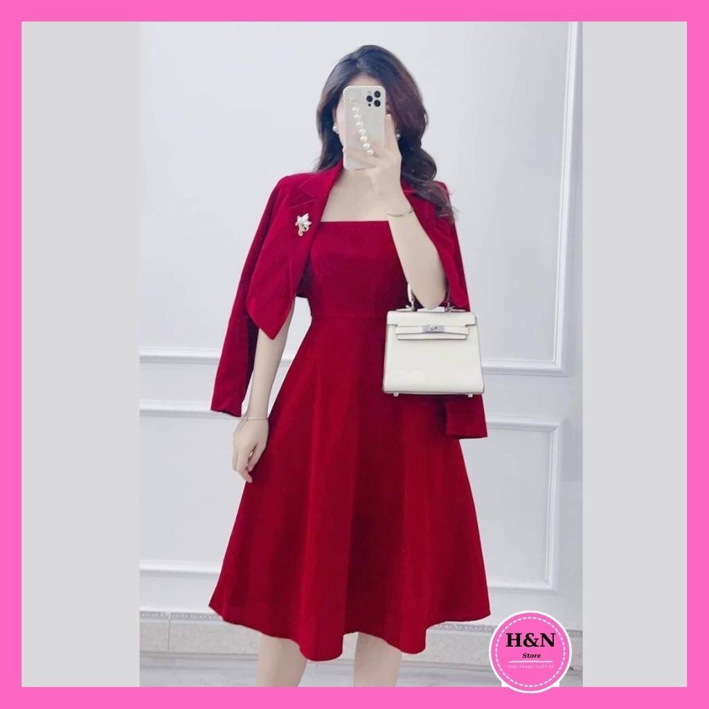 Sét áo khoác vest kèm váy xòe 2 dây điệu đà sang chảnh