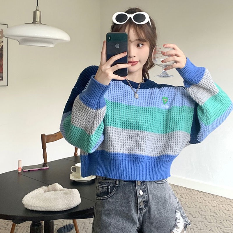 Áo Sweater Tay Dài Kẻ Sọc Màu Sắc Tương Phản Thời Trang Thu Đông Phong Cách Hàn Quốc