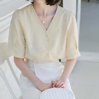 Áo Tay Phồng Cổ Chữ V Trơn Màu Xinh Xắn Dành Cho Nữ 42028