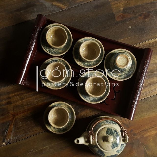 Ấm chén Bát Tràng men rạn giả cổ dáng hồng vẽ sơn thủy (Không kèm khay ấm trà như hình) | BigBuy360 - bigbuy360.vn