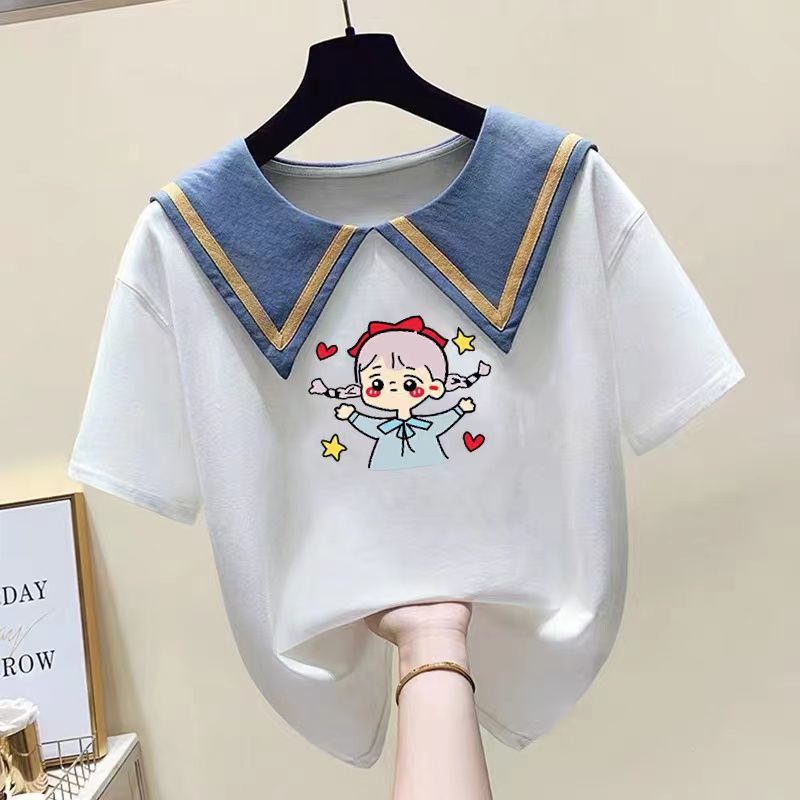 Áo Thun Tay Ngắn Cổ Búp Bê Dáng Rộng In Họa Tiết Hoạt Hình Thời Trang Cho Bé Gái