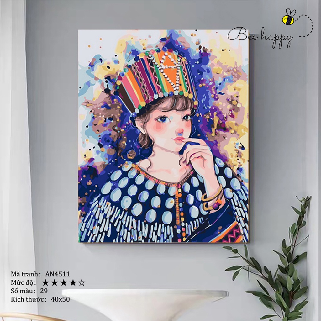 Tranh tô màu theo số nàng thơ BEE HAPPY cao cấp màu 5ml có sẵn mã AN4511