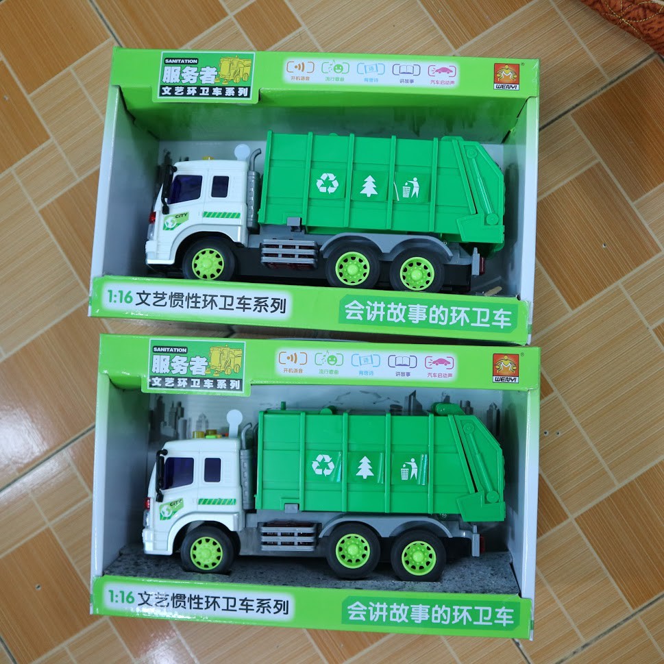 Mô hình xe ô tô chở rác đồ chơi trẻ em tỉ lệ 1:16 có âm thanh và đèn