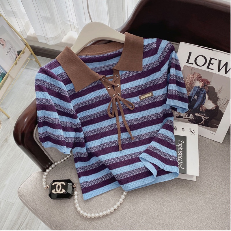 Áo Sweater Dệt Kim Hoạ Tiết Kẻ Sọc Thiết Kế Cổ Bẻ Thanh Lịch