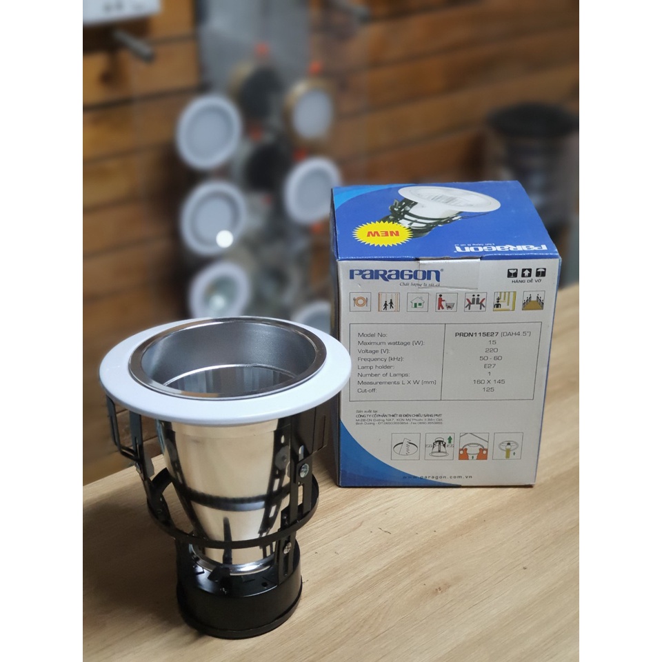 Vỏ đèn âm trần downlight sơn trắng phi 125mm, đui xoáy thông dụng E27 Paragon