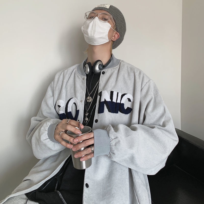 Áo khoác bóng chày vải nhung kẻ dáng rộng in họa tiết chữ phong cách retro cá tính