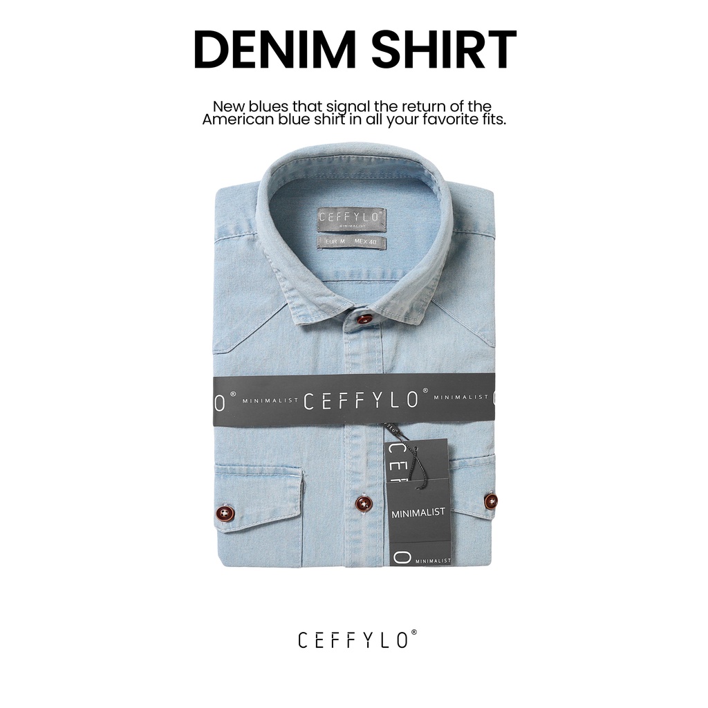 Áo Sơ Mi Dài Tay Denim Màu Xanh Nhạt, Form Chuẩn Slimfit - CEFFYLO
