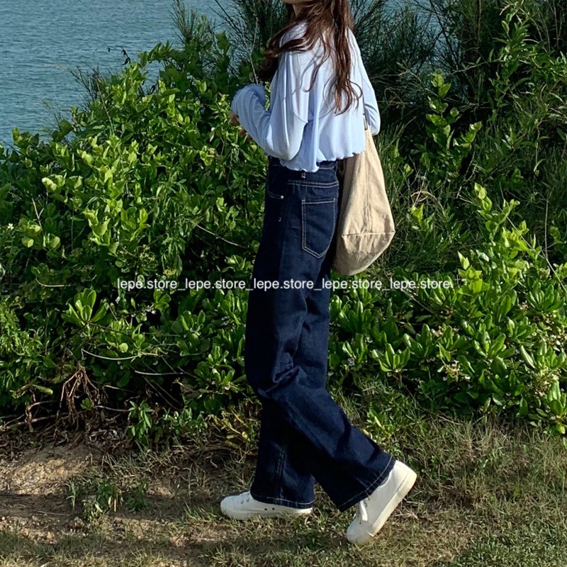 Quần jeans trơn xanh sẫm ống đứng dáng suông dài basic