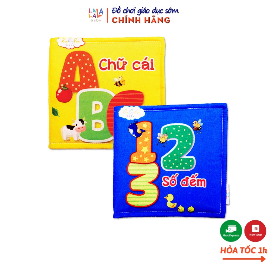 Combo 2 cuốn sách vải Lalala Baby kích thích đa giác quan, kích thước 15x15cm 12 trang (Số đếm, chữ cái) cho bé 0 - 4