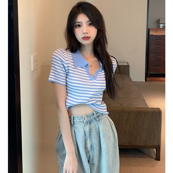 Áo polo Ngắn Tay Lưng Cao Họa Tiết Kẻ Sọc Thời Trang Mùa Hè Cho Nữ