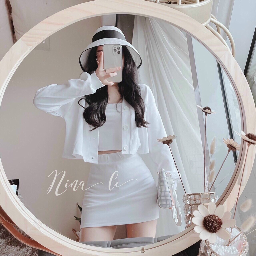 Miễn phí ship 2022 ] Set 3 món,  váy body áo 2 dây croptop kèm cadigan dài tay dáng ôm ngắn siêu dễ thương