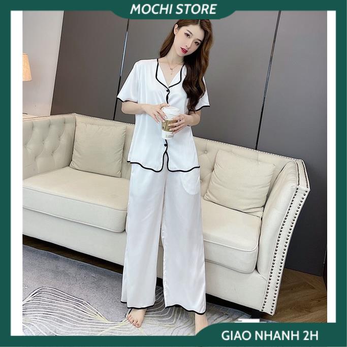 Đồ Pijama, Đồ Bộ Nữ, Bộ Áo Nữ Tay Ngắn Phối Màu Quần Dài Lượn Sóng Chất Lụa Satin Màu Trơn Thời Trang Mặc Nhà Trẻ Trung | BigBuy360 - bigbuy360.vn