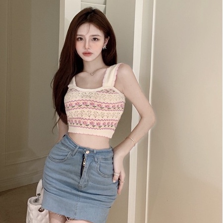 Áo Hai Dây Dệt Kim Họa Tiết Hoa Quyến Rũ Thời Trang Hàn Quốc Cho Nữ