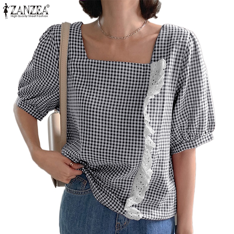 Zanzea Áo Nữ Tay Ngắn Cổ Vuông Phối Ren Thời Trang Hàn Quốc