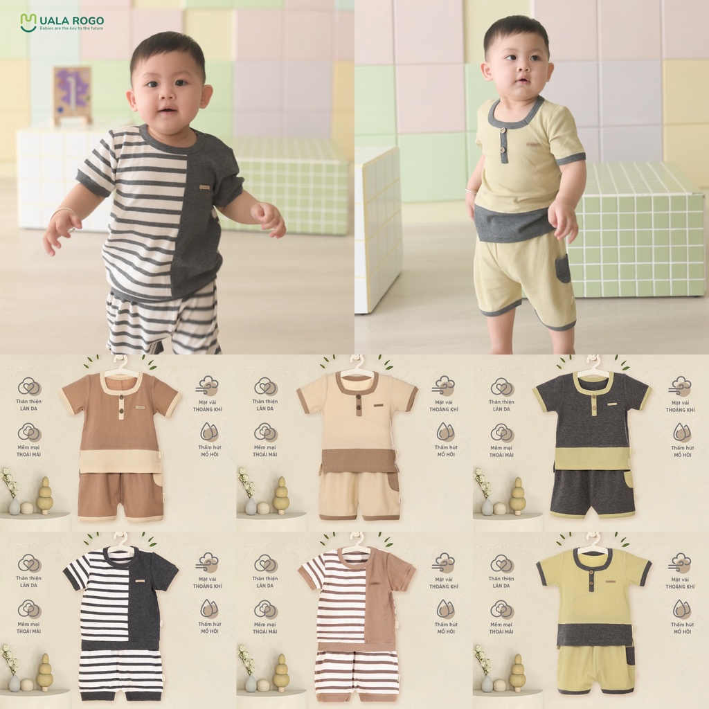 Quần áo bé trai Ualarogo 6 tháng - 4 tuổi cộc tay hè vải cotton thấm hút thoáng mát cổ tròn quần đùi