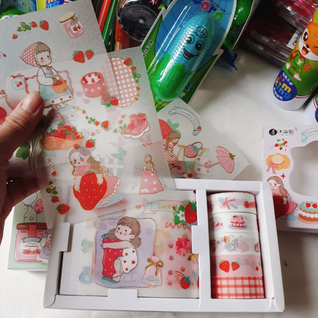 Hộp 10 washi tape + 10 sticker hình dán dễ thương