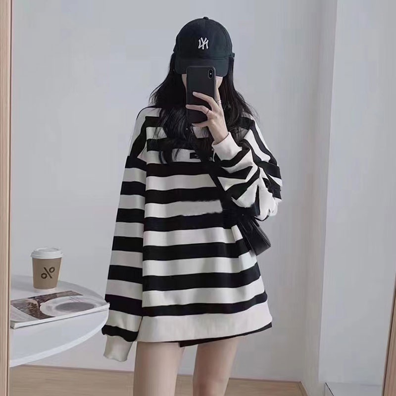 Áo Thun Nữ Dài Tay Cổ Tròn Sọc Ngang Thời Trang Hàn