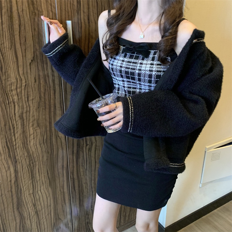 IELGY      Đầm Hai Dây Dệt Kim Dáng Chữ A Lưng Cao Ôm Dáng Phong Cách Pháp Thời Trang Cho Nữ