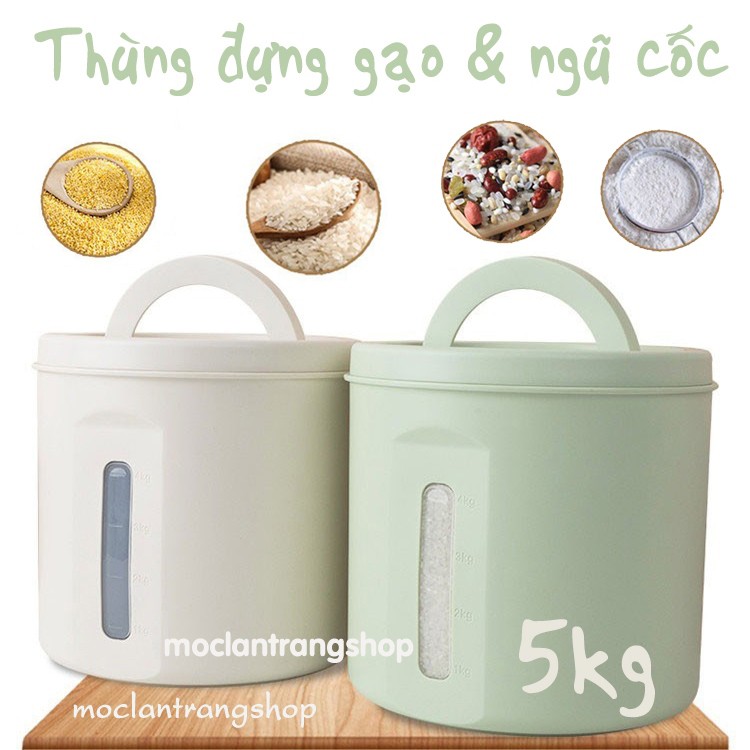 Thùng gạo nhựa tròn 5kg 10kg phong cách Bắc Âu cao cấp, hộp ngũ cốc đồ khô kín khít. Thùng đựng gạo nhìn được lượng gạo