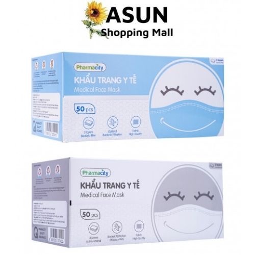 Khẩu Trang Y Tế 3 Lớp Màu Xanh - Trắng - Đen Pharmacity (50 cái/hộp)