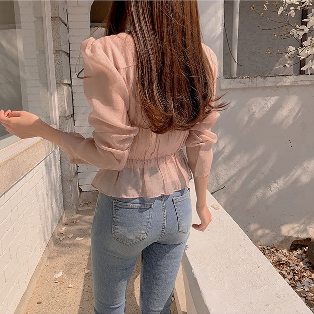 Áo Kiểu Tay Dài Cổ Vuông Chiết Eo Trong Suốt Thời Trang Mùa Thu Xinh Xắn Cho Nữ