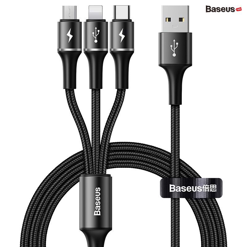 Cáp sạc vải dù siêu bền 3 đầu Baseus Data 3 in 1 (USB to Type C/ Lightning/ Micro, 3A Fast Charging & Sync Data C