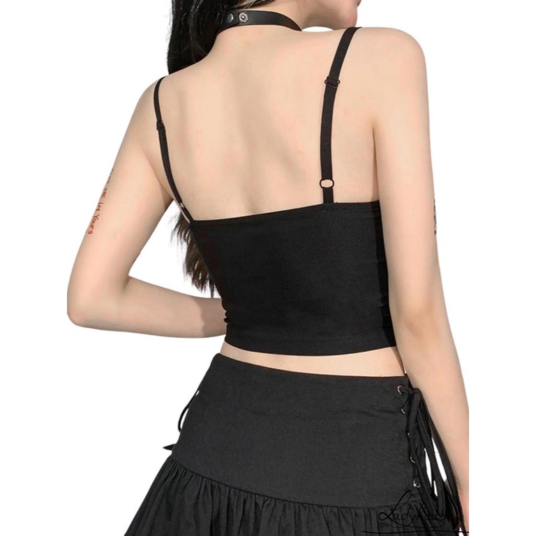 Áo croptop không tay vải nhung phối ren màu đen phong cách gothic punk dành cho nữ