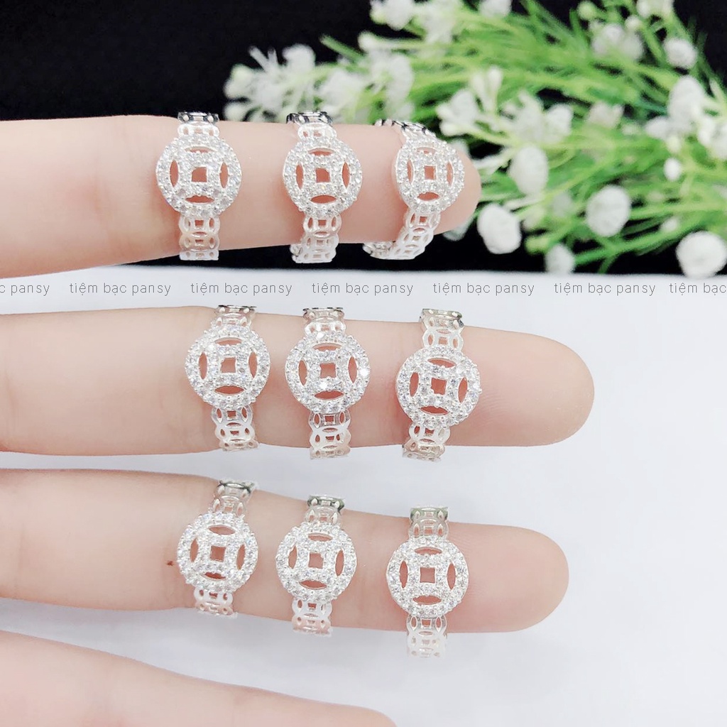 Nhẫn kim tiền bạc PANSY mặt đồng xu đính đá, nhẫn nữ ý nghĩa tài lộc may mắn bằng bạc ta thật
