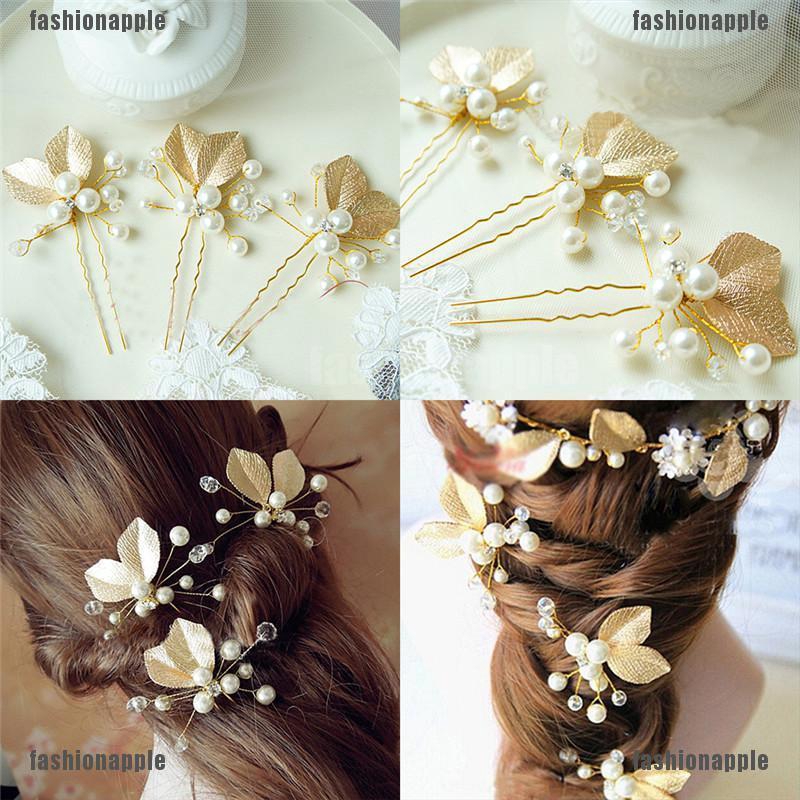 Set 4 trâm cài tóc hình lá kết ngọc trai và hạt đá giả thanh lịch đẹp mắt cho cô dâu