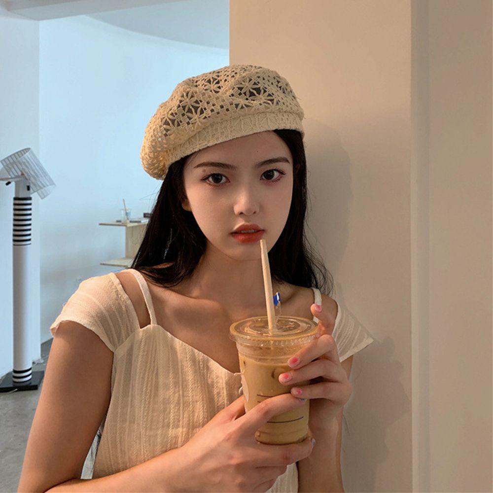 QQMALL Mũ Beret Mỏng Phối Ren Màu Trơn Thời Trang Mùa Hè Cho Nữ