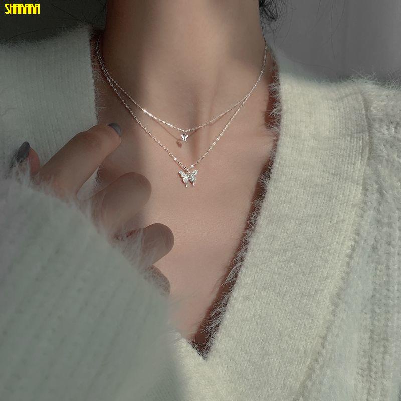 Vòng cổ Hai Lớp Mặt Hình Bướm Đính Đá Kim Cương Nhân Tạo Dành Cho Nữ
