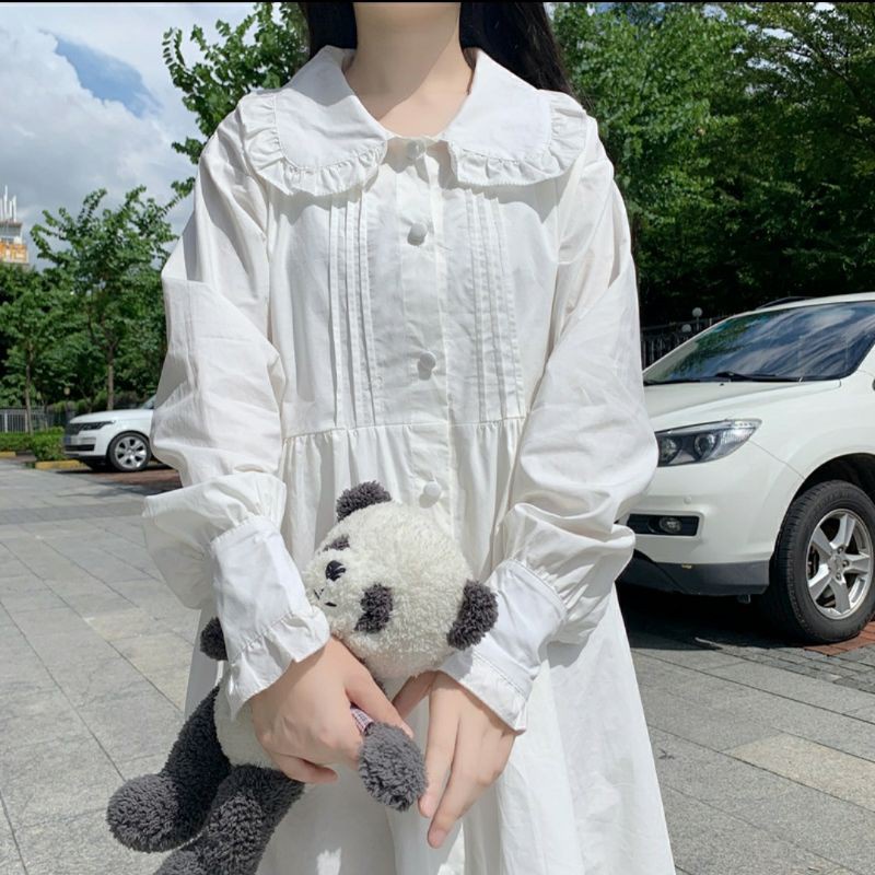 Đầm babydoll trắng đen cổ sen bèo tay ngắn dài xếp ly nút (ảnh thật) ,có quà tặng ,LAMASS | BigBuy360 - bigbuy360.vn