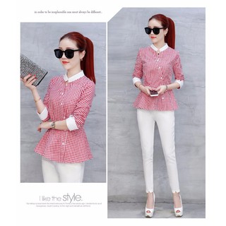 .THỜI TRANG NỮ - Áo Kiểu Sọc Caro Peplum PHỐI TRẮNG