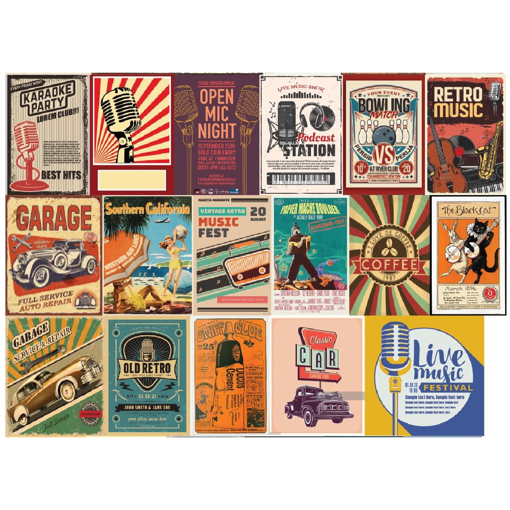 COMBO ~20 HÌNH Decal khổ lớn dán trang trí vintage, RETRO khổ lớn dán Decor phòng, tường .IN THEO YÊU CẦU