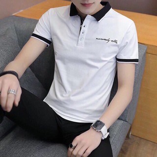 Áo thun nam ngắn tay có cổ polo trắng viền cổ đen đơn giản