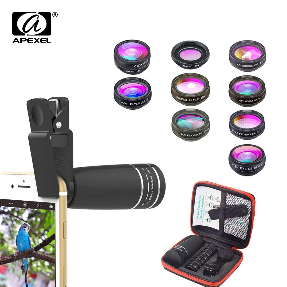 APEXEL 10 in 1 Mobile Lens Telephoto Fisheye Wide Angle Macro Lens + CPL / Flow