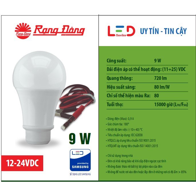 Bóng Đèn LED Rạng Đông Kẹp Bình Ắc Quy LED A60N3 12-24VDC/ 7W/9W/12W ChipLED Samsung