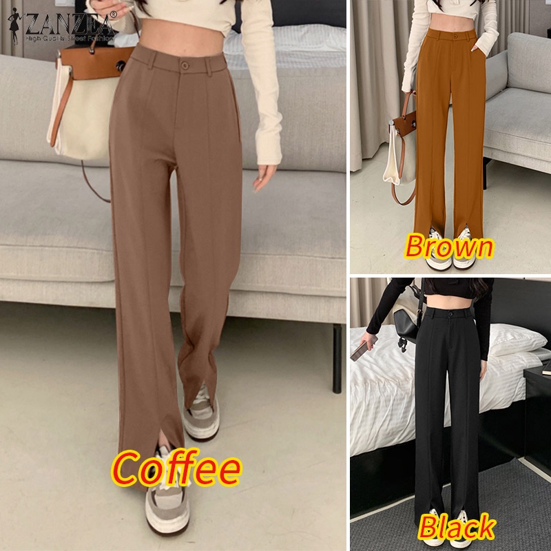 Quần dài Zanzea lưng cao màu trơn xẻ tà trước thời trang cho nữ