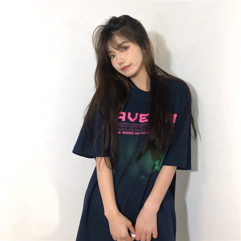 Áo Thun Tay Ngắn Màu Sắc Retro Phong Cách Hàn Quốc Cho Nữ