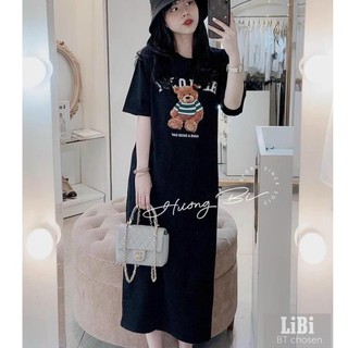 Đầm suông nữ, váy suông nữ cộc tay mùa hè in chú gấu hau màu năng động