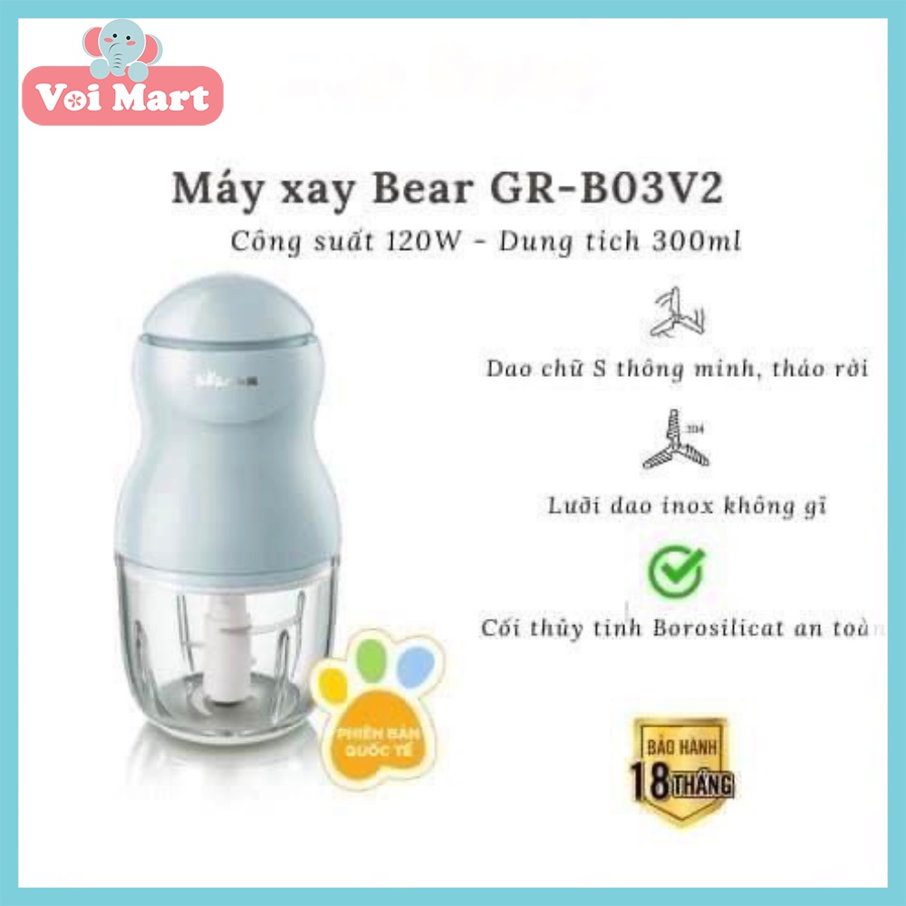 (BH 18 Tháng) Máy Xay Đồ Ăn Dăm Đa Năng Bear Cầm Tay Tiện Lợi Thiết Kế 3 Lưỡi Dao Sắc Bén, Cối Thuỷ Tinh 0.3l - B03V2