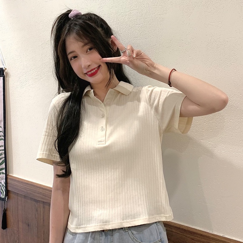 QKOOLE Áo thun nữ  ngắn tay cổ bẻ phong cách Hàn Quốc