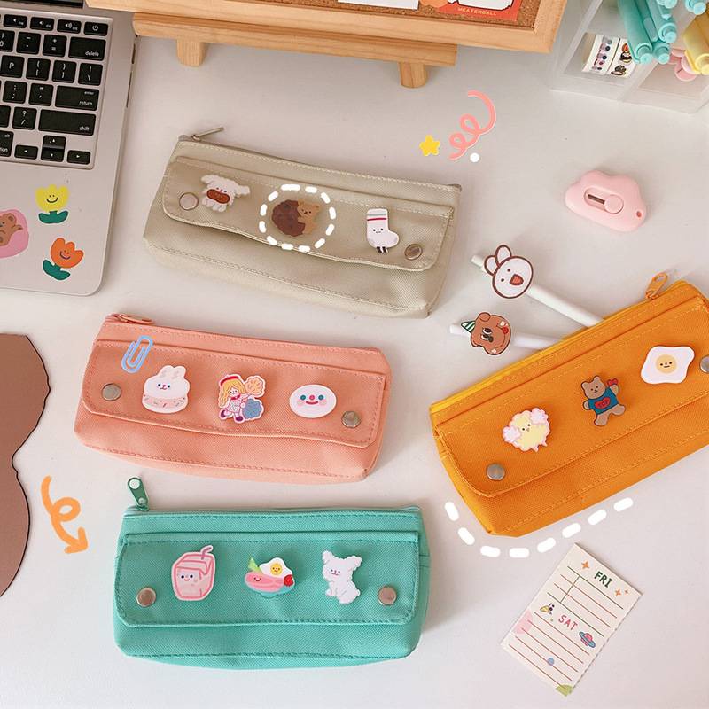 Hộp bút vải (+ sticker ) xinh xắn, bóp viết canvas nhiều ngăn có nút gài, túi màu pastel cho nữ và bé gái