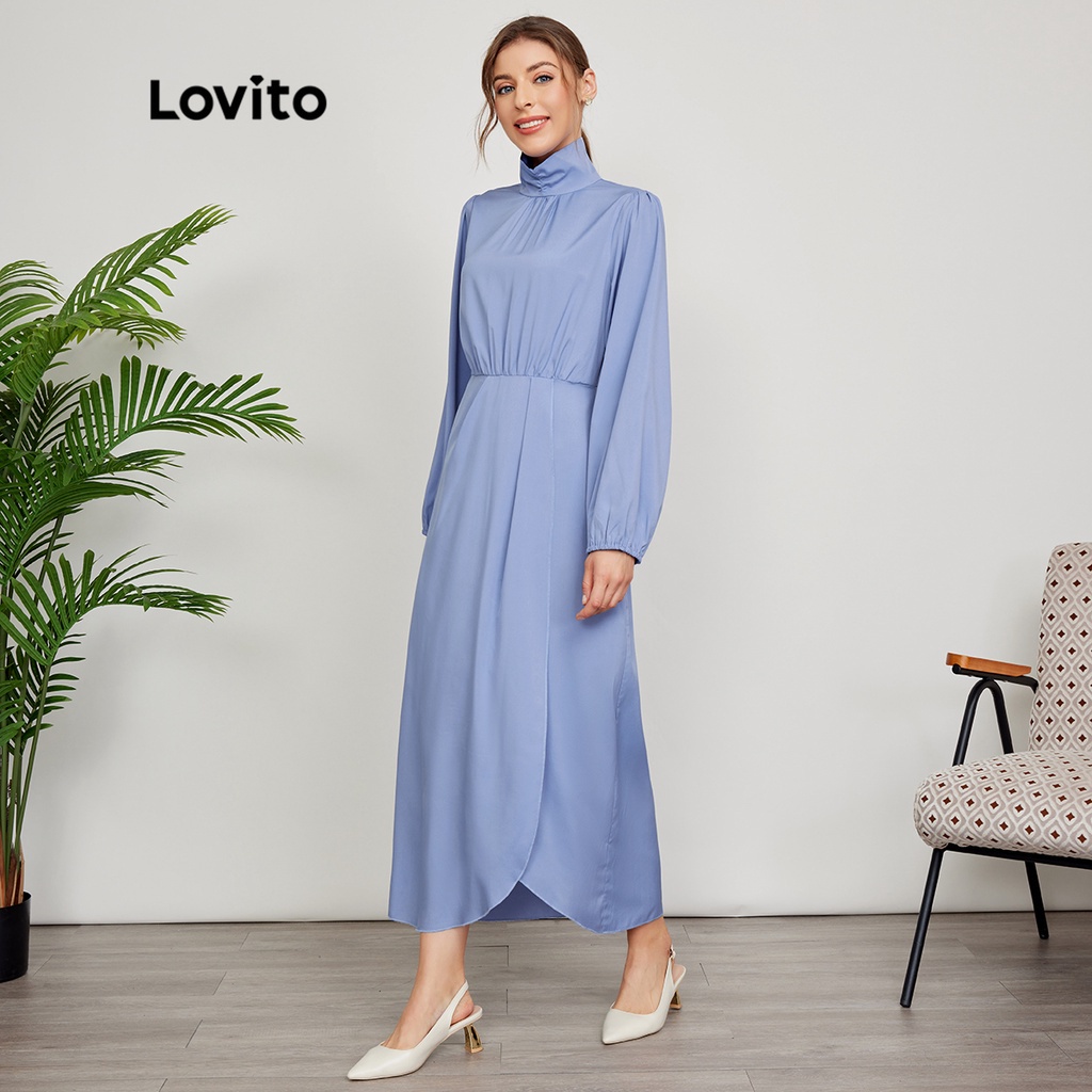 Lovito Đầm cổ cao xếp ly trơn vừa phải L24ED097 (Xanh)