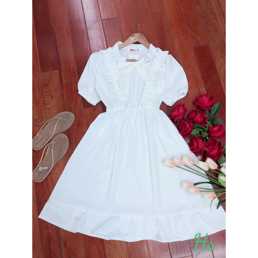 💃 Đầm Nữ Vai Bèo Cộc Tay Buộc Nơ. HANN's Closet.  Váy Trắng Chất Đũi Dáng Xòe Xinh Xinh Yêu Yêu | BigBuy360 - bigbuy360.vn