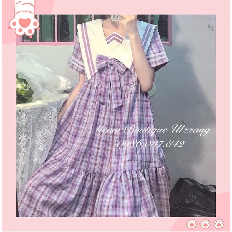 Váy ngắn tay kẻ caro tím cổ dáng thuỷ thủ cực xinh cute hack tuổi phong cách ulzzang có ảnh thật cuối