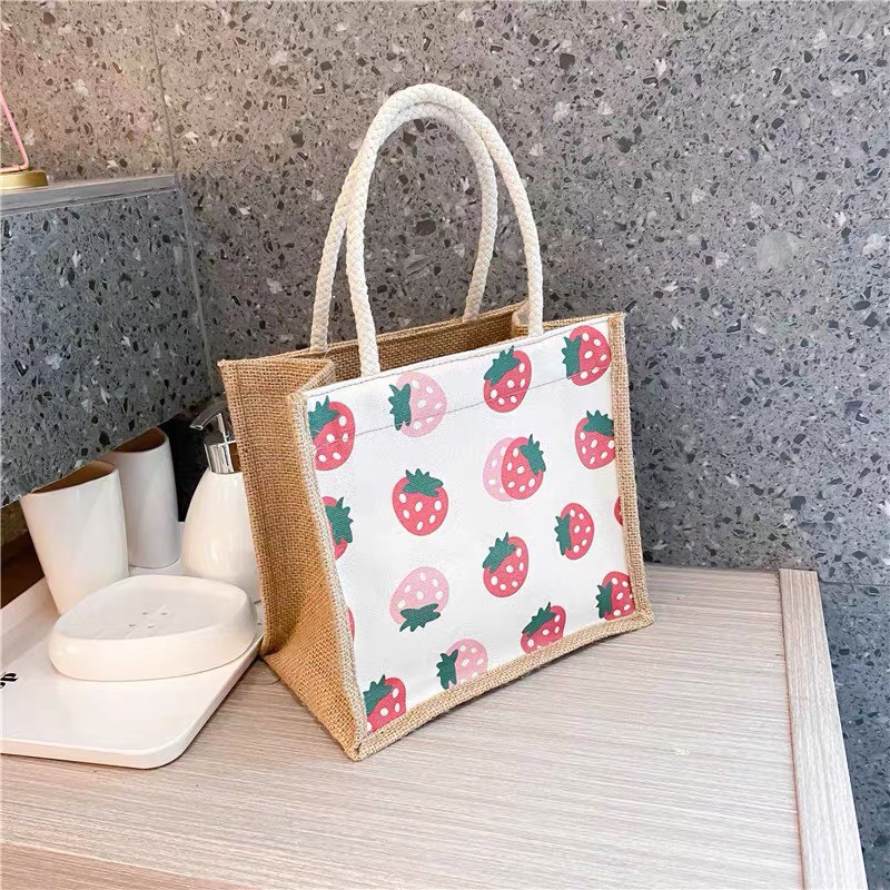 Túi cói cầm tay nhỏ gọn tiện lợi thời trang phong cách Vintage họa tiết xinh xắn