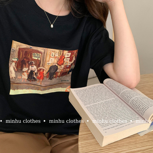 Áo phông nữ form rộng tay lỡ in hình dân gian chất cotton thoáng mát MINHU CLOTHES - AT05