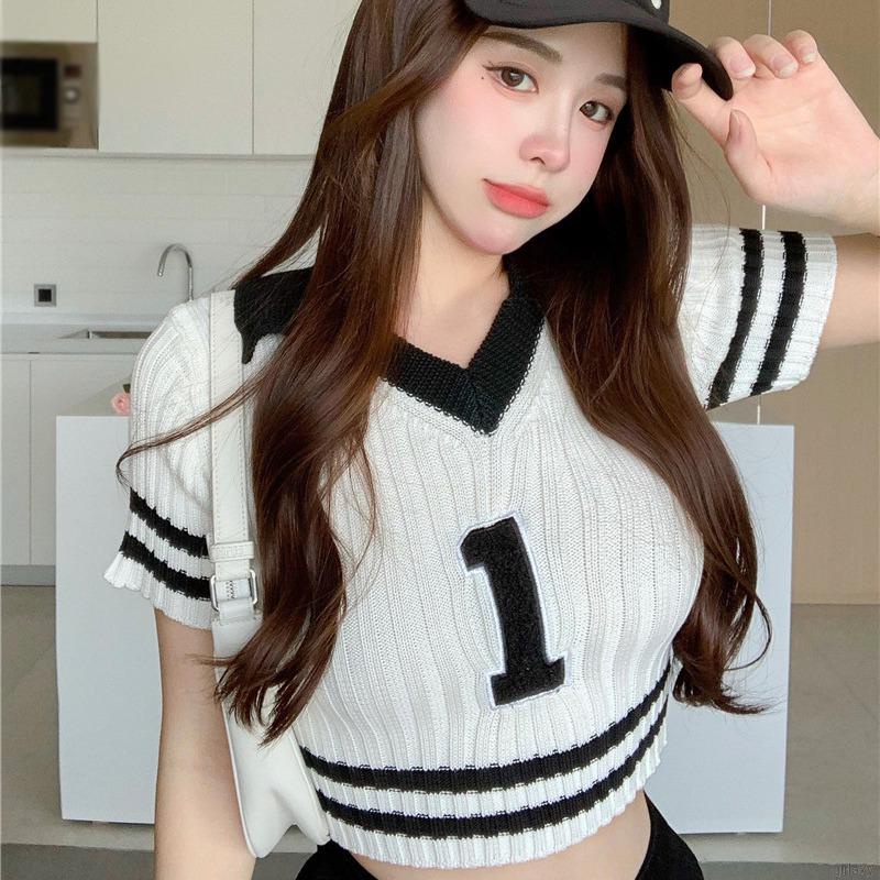 Áo croptop dệt kim ngắn tay cổ chữ v thời trang mùa hè dành cho nữ