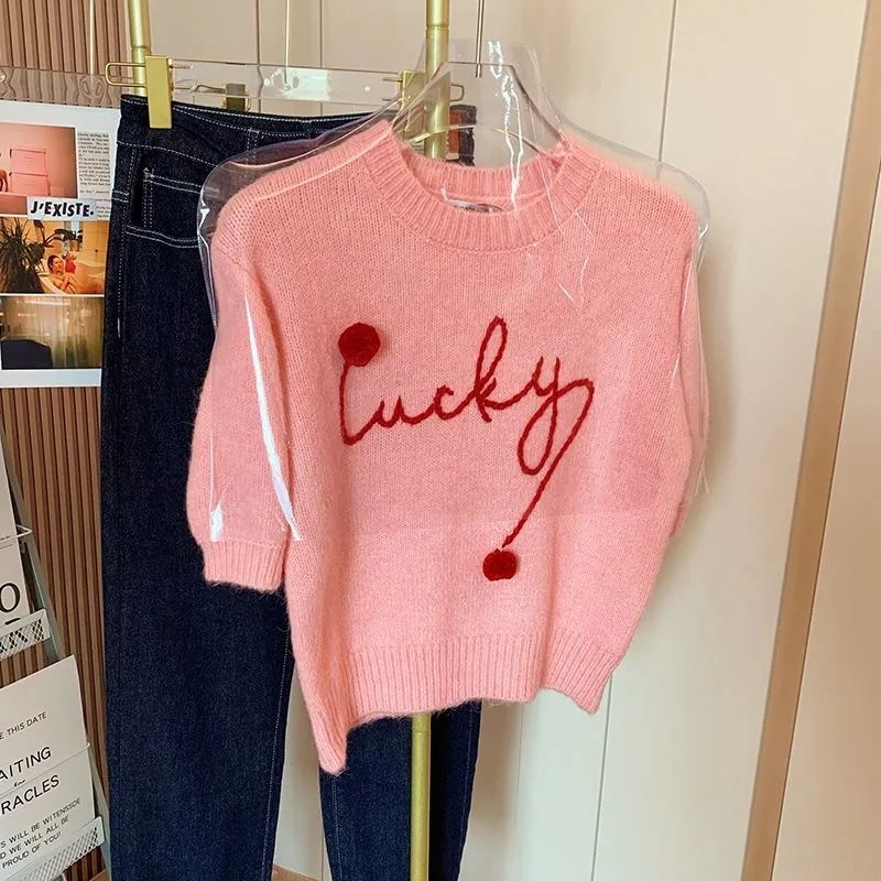 Áo Sweater Dệt Kim Tay Ngắn Dáng Ngắn Màu Hồng Dễ Thương Cho Nữ  tao bao